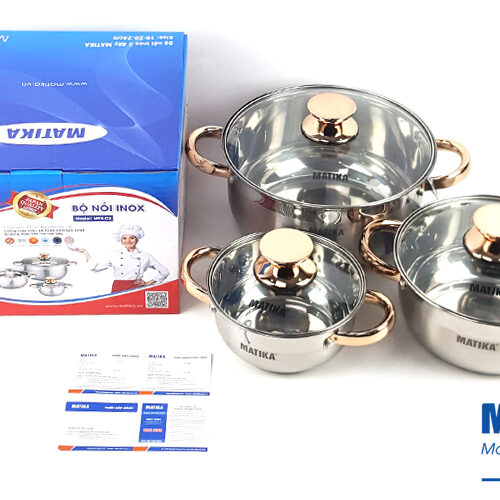 noi inox 3 day mtk c3 co phieu bao hanh chinh hang12 thang Bộ nồi inox cao cấp 3 đáy Matika MTK-C3