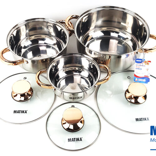 noi inox 3 day mtk c3 duoc lam bang inox 403 co the dung cho bep tu Bộ nồi inox cao cấp 3 đáy Matika MTK-C3